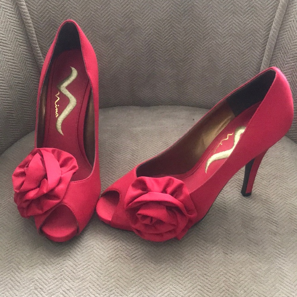 Ruby red satin flower peep toe heels